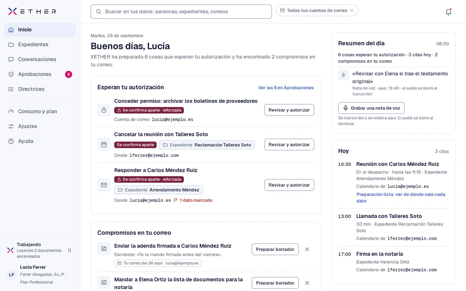 Panel de inicio de XETHER con trabajo pendiente, compromisos y agenda